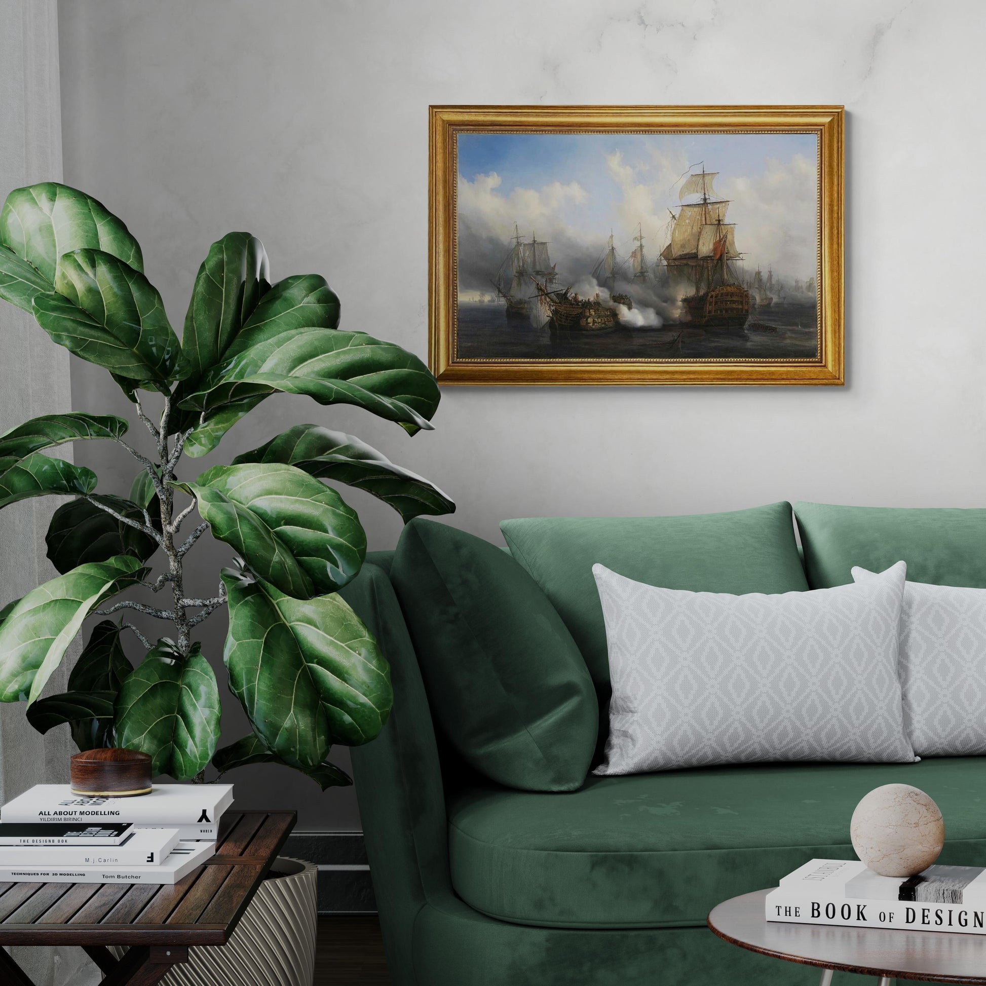 Battle of Trafalgar, Auguste Mayer, Redoutable ship, 3D hand finished premium print on canvas with brush strokes and golden vintageous frame FOSHE ART