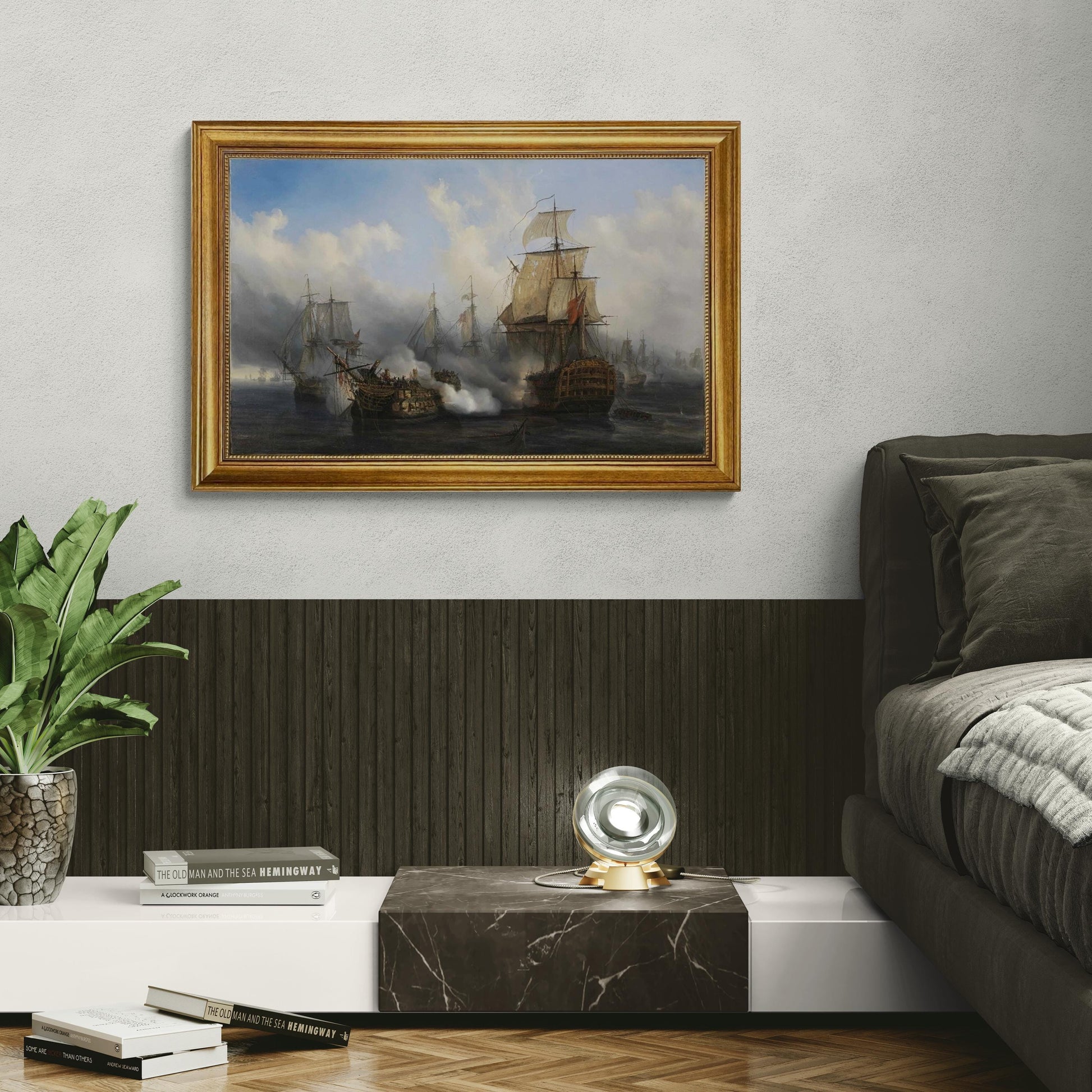 Battle of Trafalgar, Auguste Mayer, Redoutable ship, 3D hand finished premium print on canvas with brush strokes and golden vintageous frame FOSHE ART