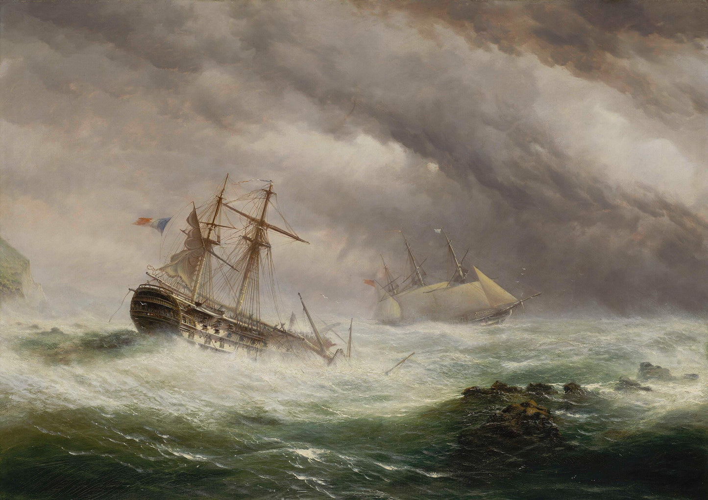 HMS Endymion rescuing a French two-decker premium canvas print, with brushstrokes, golden vintageous frame, looks like original oil painting FOSHE ART