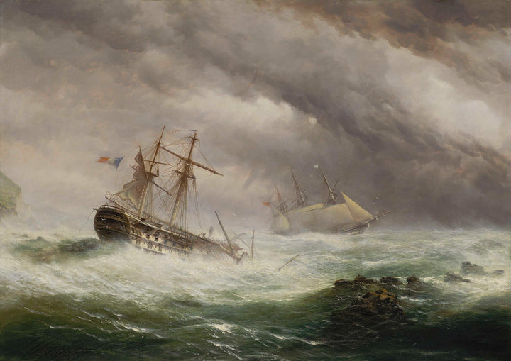 HMS Endymion rescuing a French two-decker premium canvas print, with brushstrokes, golden vintageous frame, looks like original oil painting FOSHE ART