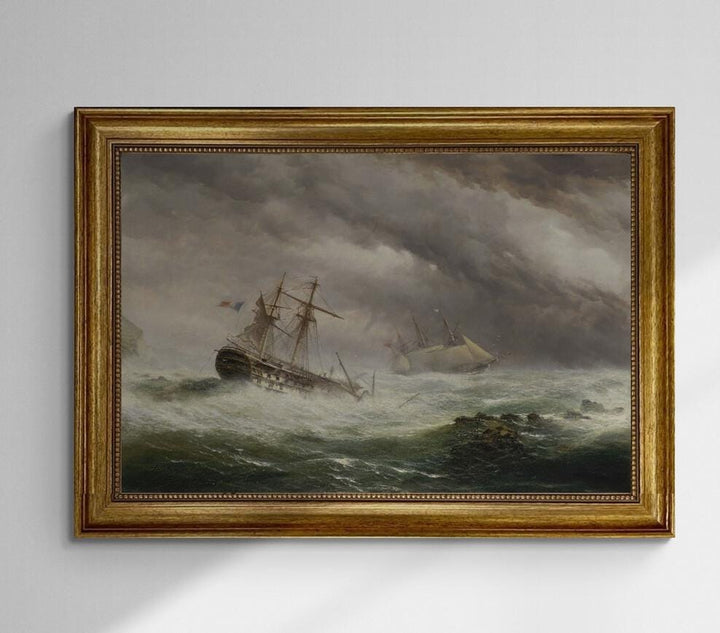 HMS Endymion rescuing a French two-decker premium canvas print, with brushstrokes, golden vintageous frame, looks like original oil painting FOSHE ART