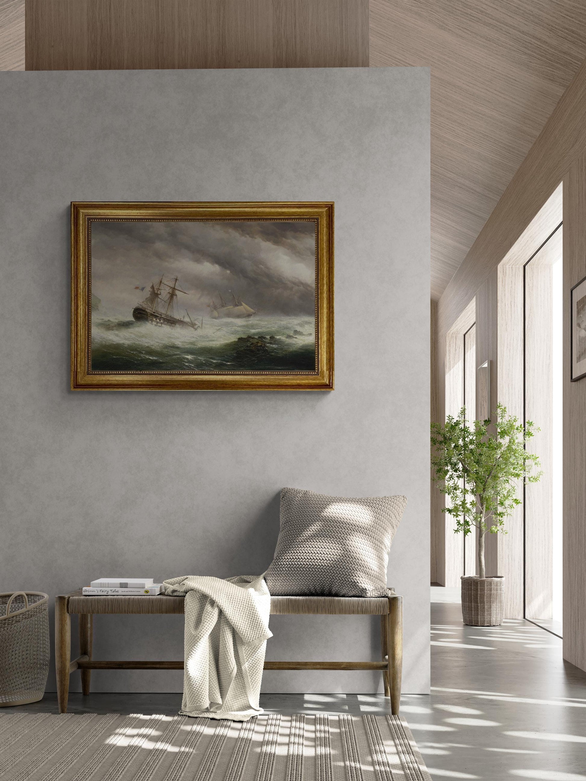 HMS Endymion rescuing a French two-decker premium canvas print, with brushstrokes, golden vintageous frame, looks like original oil painting FOSHE ART