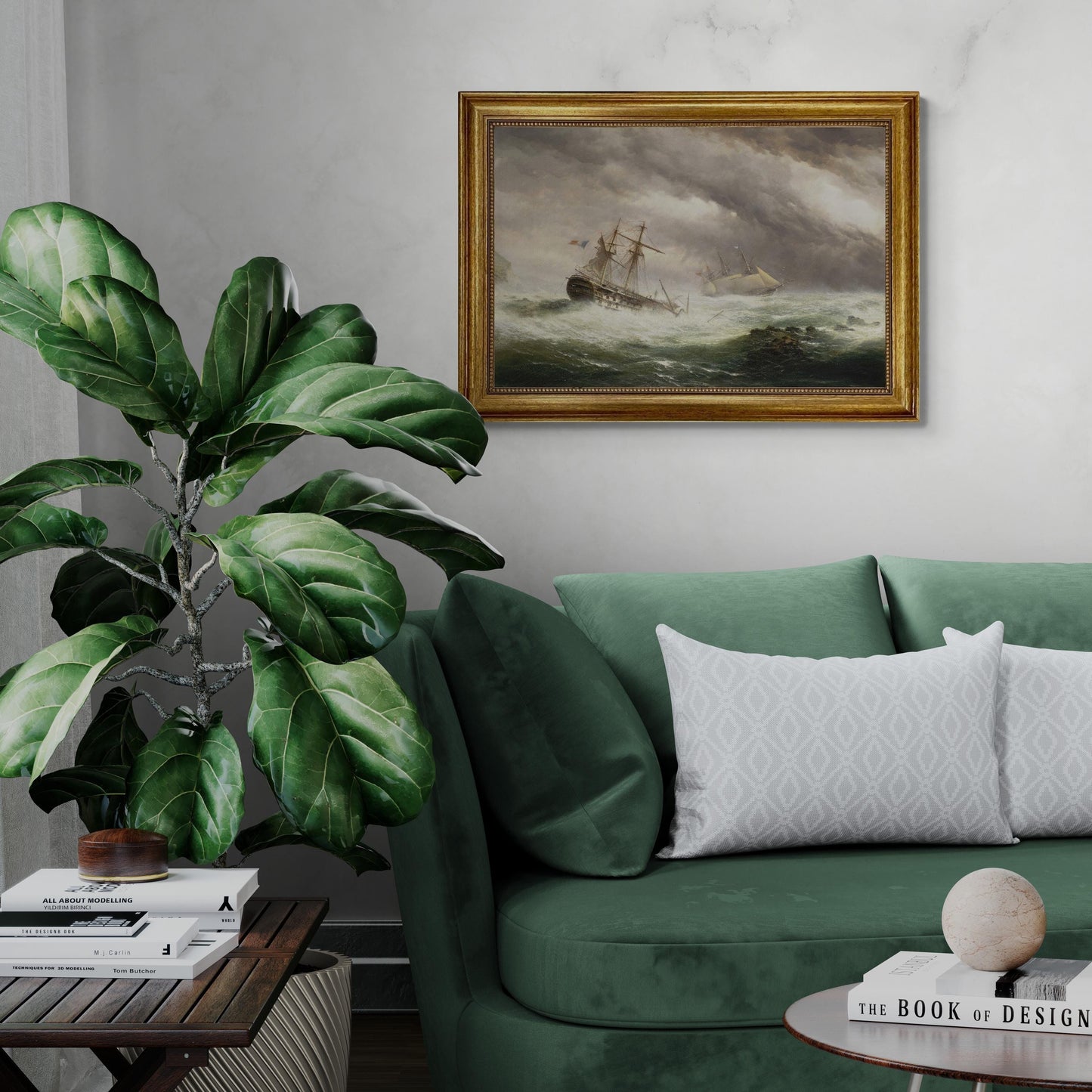 HMS Endymion rescuing a French two-decker premium canvas print, with brushstrokes, golden vintageous frame, looks like original oil painting FOSHE ART