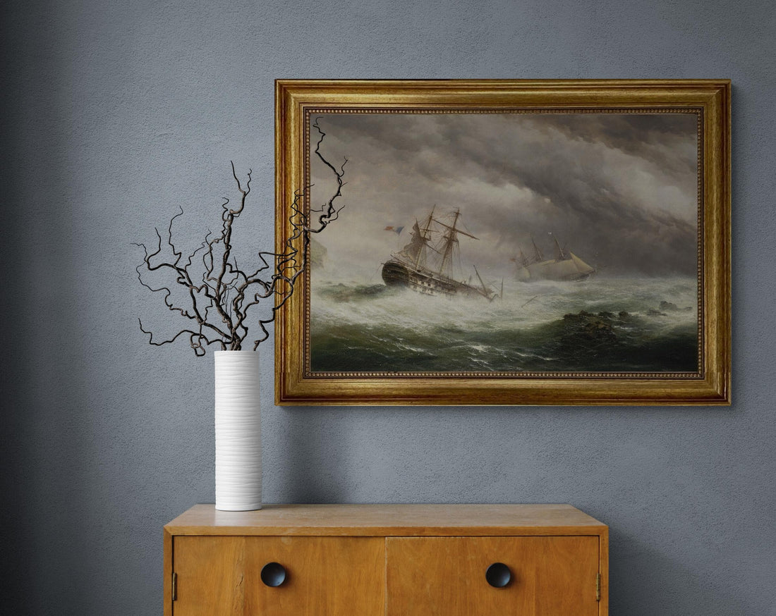 HMS Endymion rescuing a French two-decker premium canvas print, with brushstrokes, golden vintageous frame, looks like original oil painting FOSHE ART