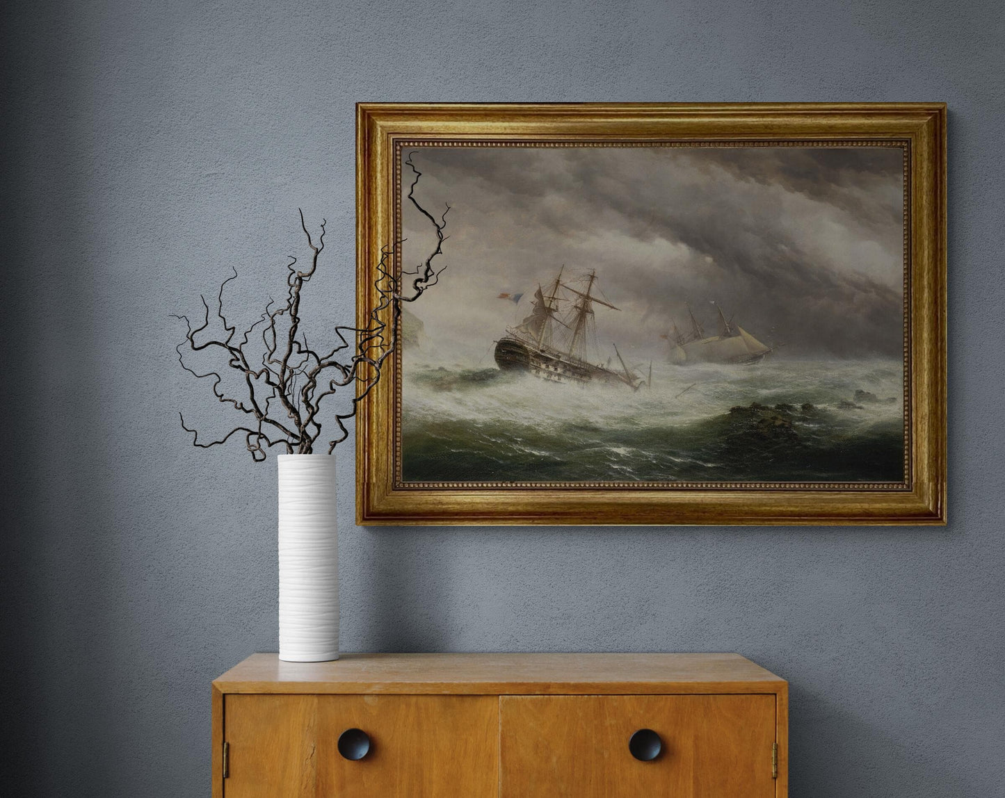 HMS Endymion rescuing a French two-decker premium canvas print, with brushstrokes, golden vintageous frame, looks like original oil painting FOSHE ART