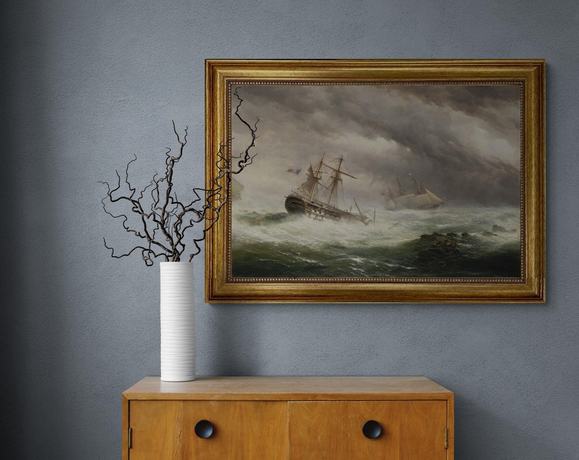 HMS Endymion rescuing a French two-decker premium canvas print, with brushstrokes, golden vintageous frame, looks like original oil painting FOSHE ART