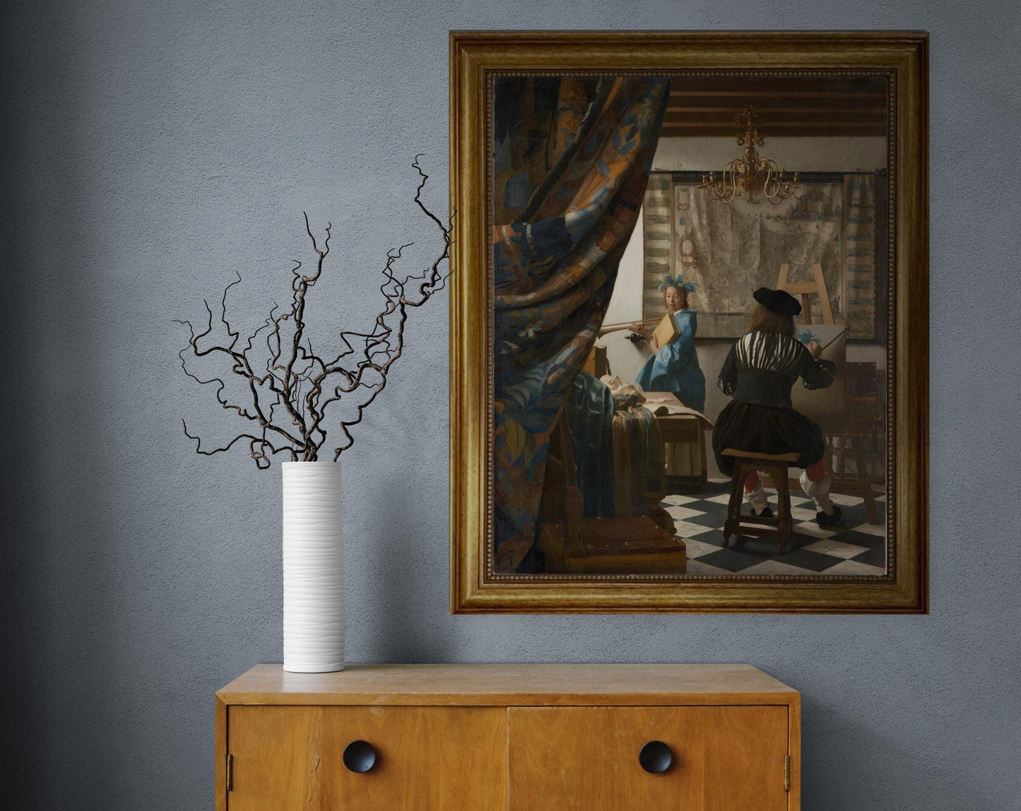 The Art of Painting, Jan Vermeer, Canvas hand finished premium print with brush strokes and golden vintageous frame looks like original art FOSHE ART