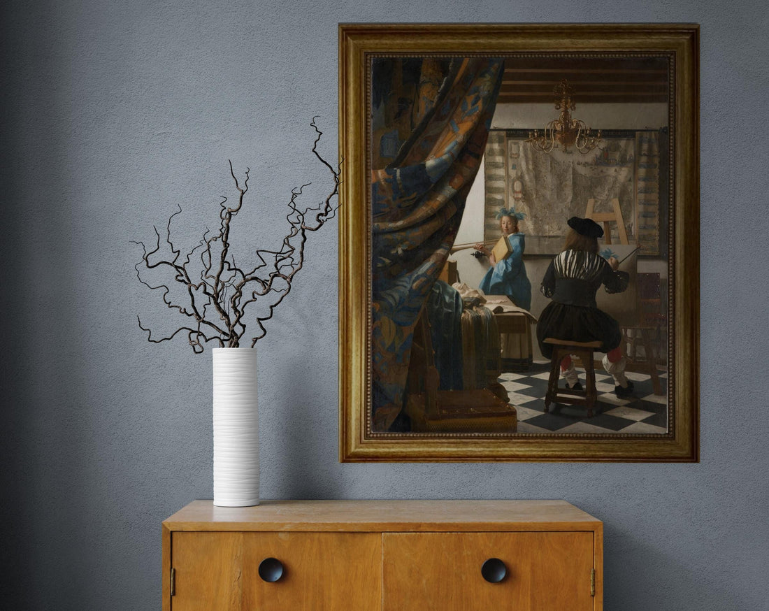 Vermeer's Art of Painting, Hand Finished Canvas Print, Golden Vintage Frame FOSHE ART