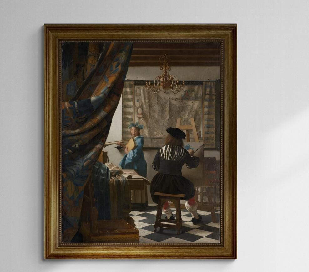 The Art of Painting, Jan Vermeer, Canvas hand finished premium print with brush strokes and golden vintageous frame looks like original art FOSHE ART