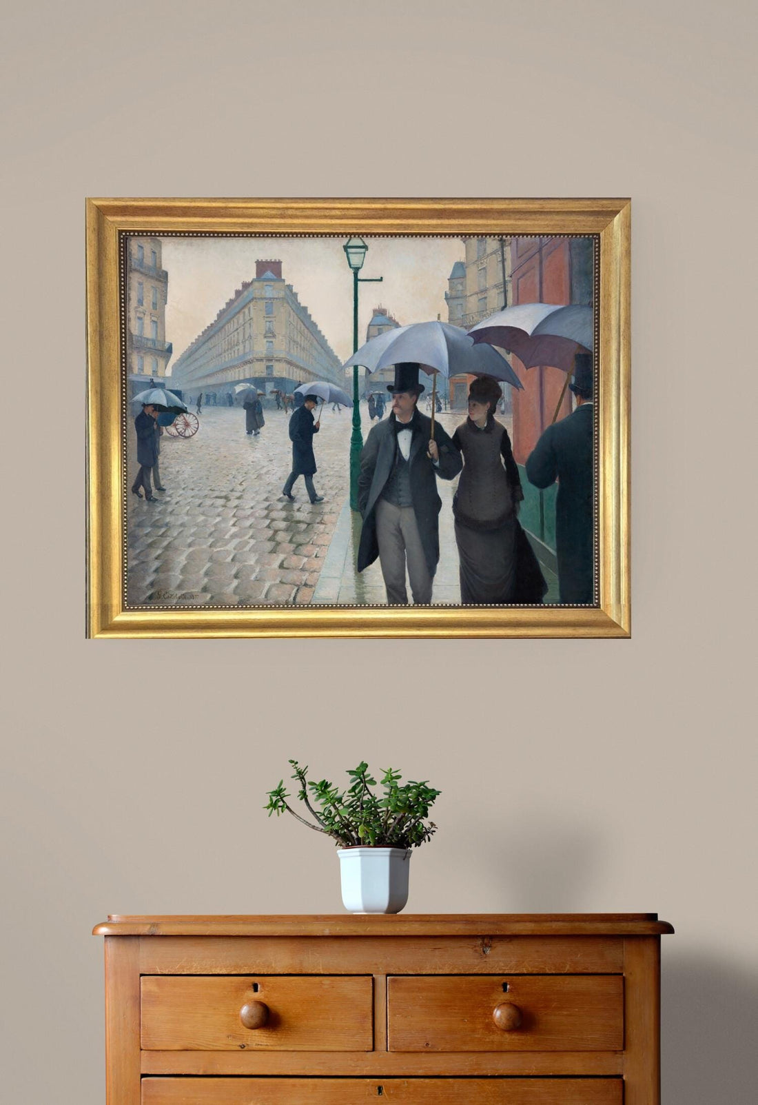 Caillebotte Paris Street Rainy Day Canvas Print with Brush Strokes and Vintage Golden Frame FOSHE ART