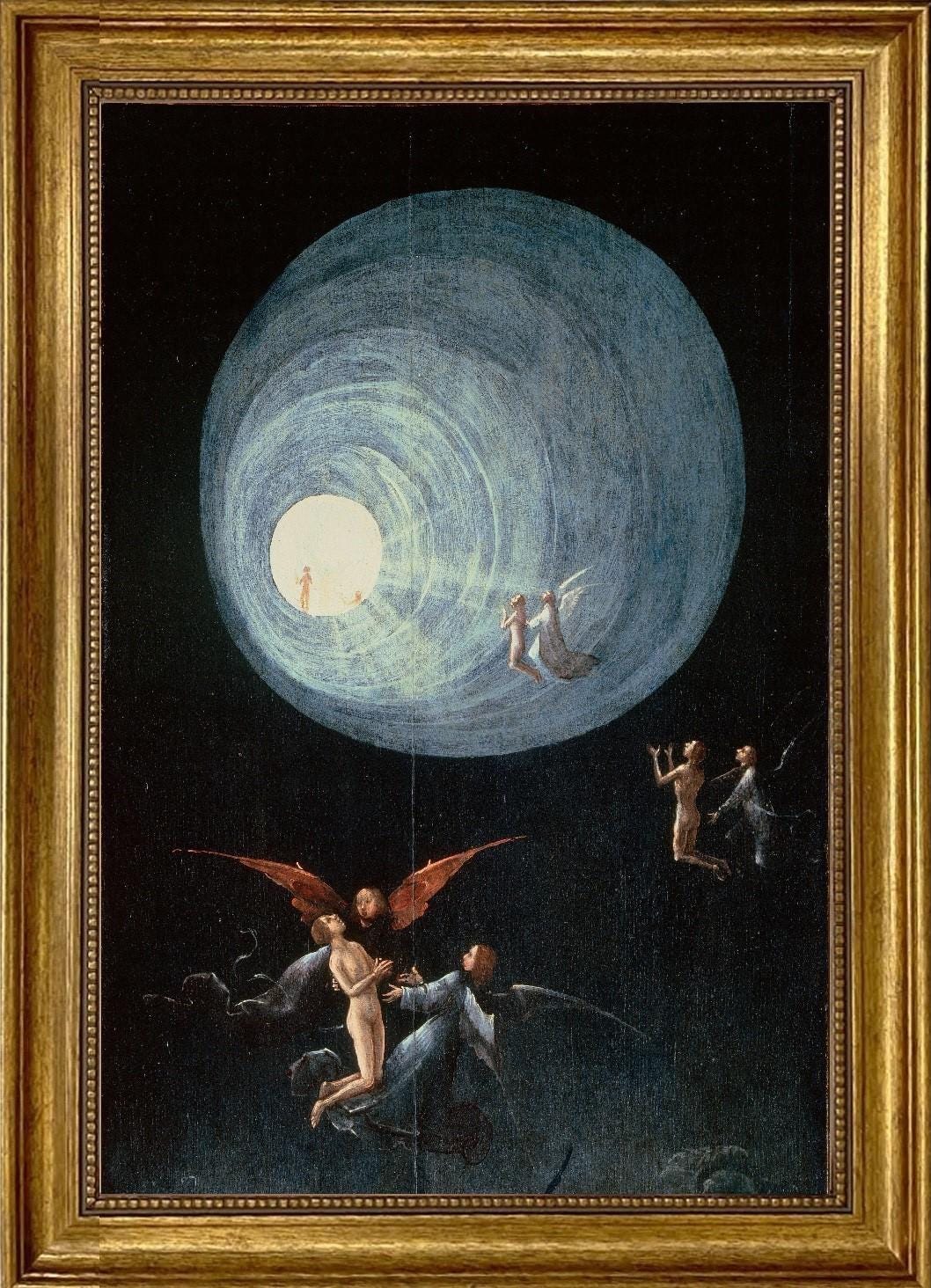 Bosch 'Ascent of the Blessed' Canvas Print with Vintage Golden Frame and brush strokes FOSHE ART