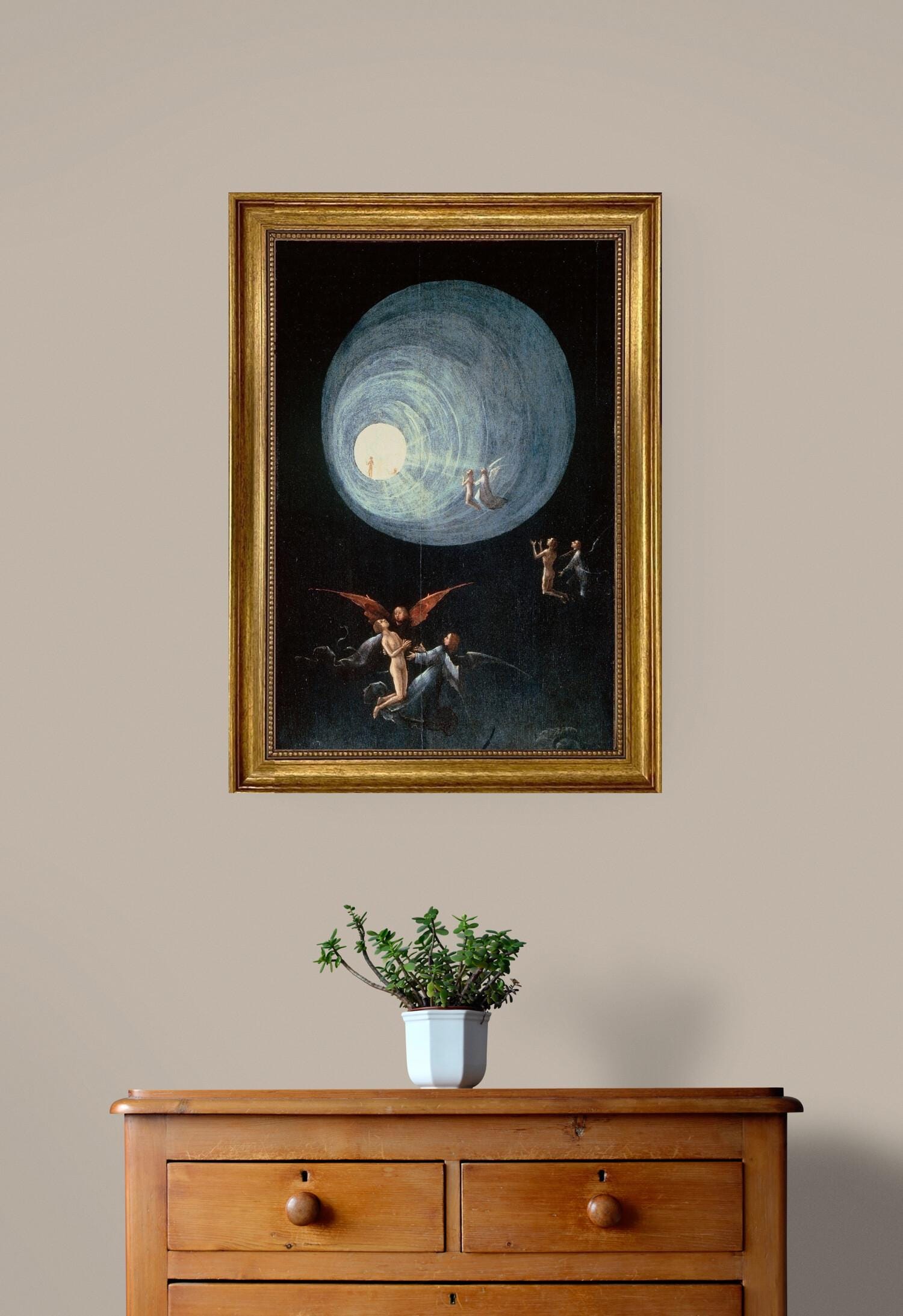 Bosch 'Ascent of the Blessed' Canvas Print with Vintage Golden Frame and brush strokes FOSHE ART