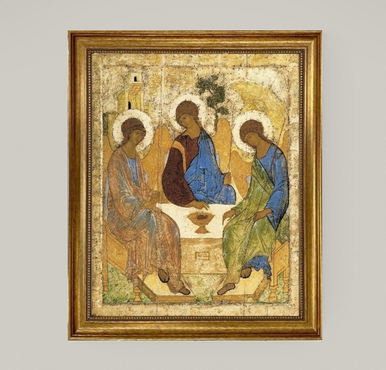The Holy Trinity - Andrei Rublev | Museum-Quality Canvas Print with Hand-Applied Brush Strokes Wooden Golden Frame for Timeless Sacred Art FOSHE ART