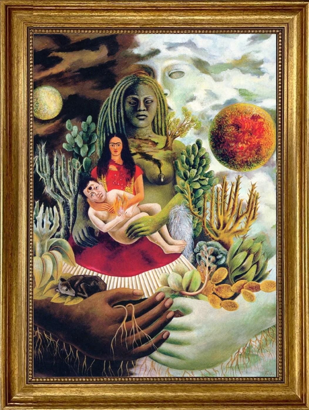 Love Embrace of the Universe - FRIDA KAHLO  | Gliclée canvas premium print with brush strokes + golden vintageous frame looks like original FOSHE ART