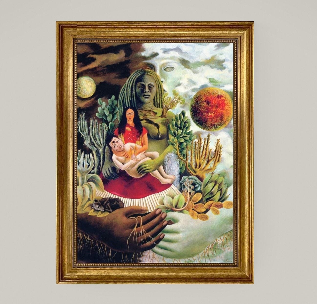 Love Embrace of the Universe - FRIDA KAHLO  | Gliclée canvas premium print with brush strokes + golden vintageous frame looks like original FOSHE ART