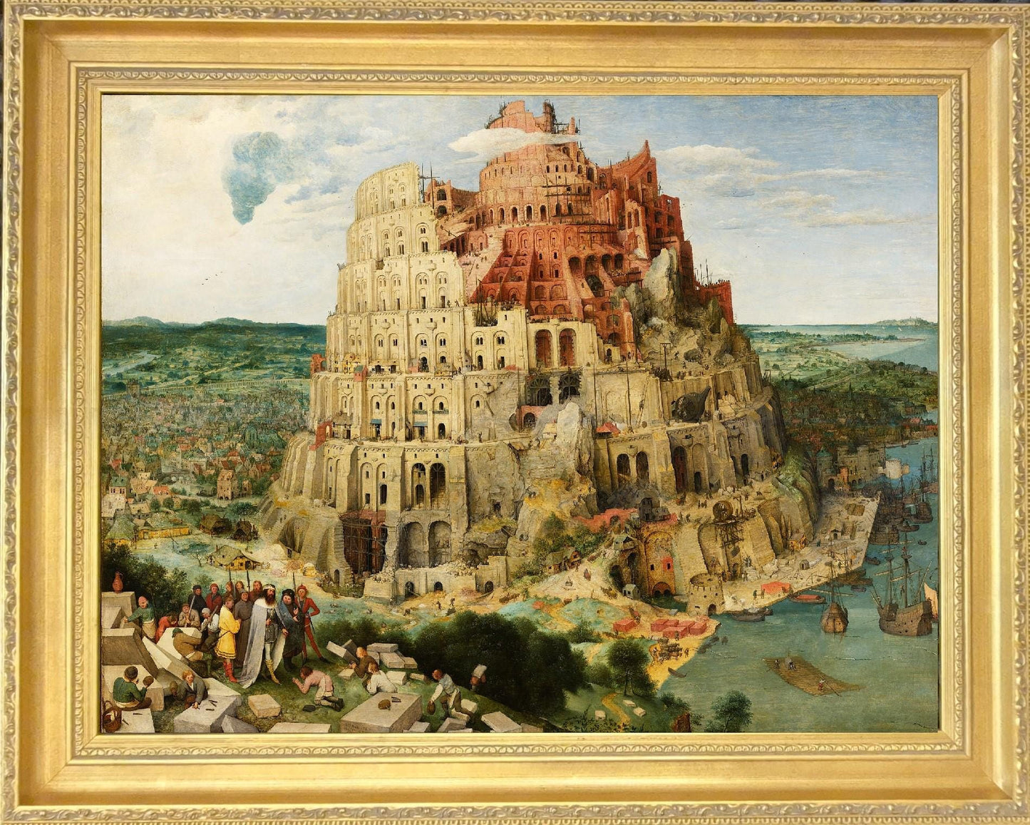 The Tower of Babel by Pieter Bruegel | Giclée Canvas Premium Print with Brush Strokes | Wooden Golden Vintage Frame for Classic Masterpiece FOSHE ART
