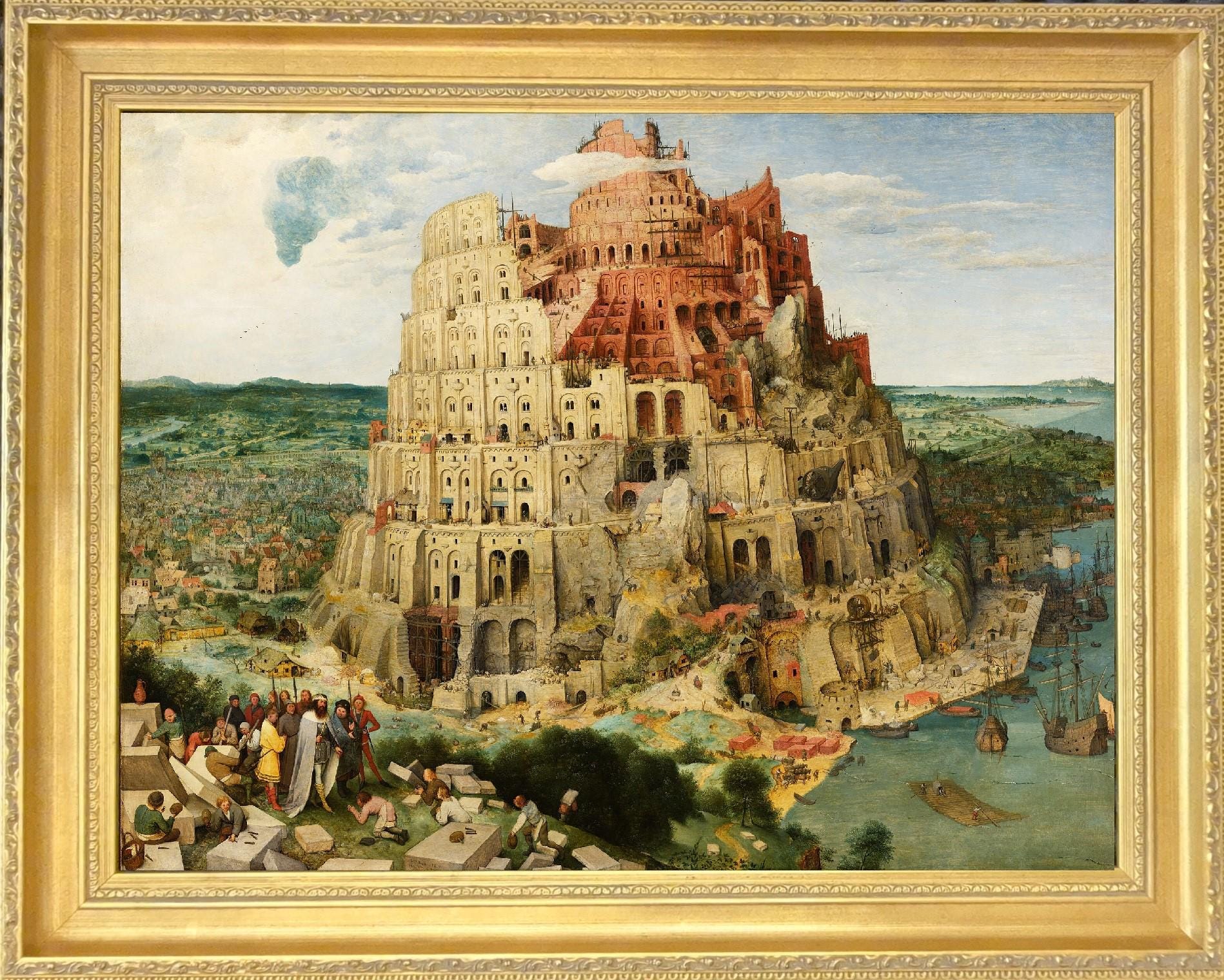 The Tower of Babel by Pieter Bruegel | Giclée Canvas Premium Print with Brush Strokes | Wooden Golden Vintage Frame for Classic Masterpiece FOSHE ART