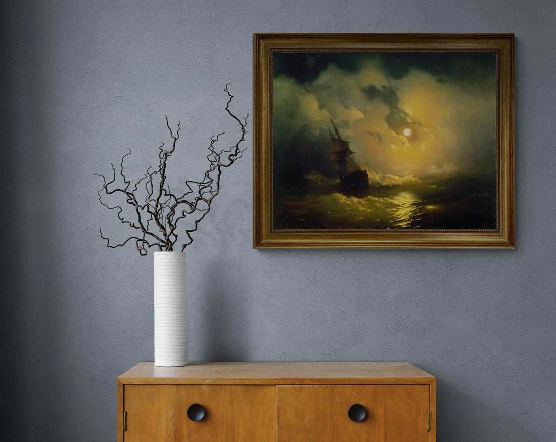 Aivazovsky Stormy Sea at Night Canvas Print: Nautical Maritime Art, Golden Vintage frame FOSHE ART