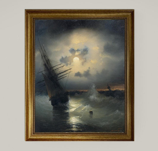 Nautical Vintage Wall Decor: Sailing ship on a high sea by moonlight Aivazovsky | Premium Canvas Prints with Realistic Brush Stroke Finish FOSHE ART