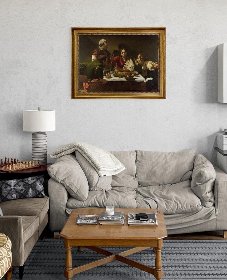 Supper at Emmaus by Caravaggio | Giclée canvas premium print with hand-applied brush strokes for an authentic look | Golden vintage frame FOSHE ART
