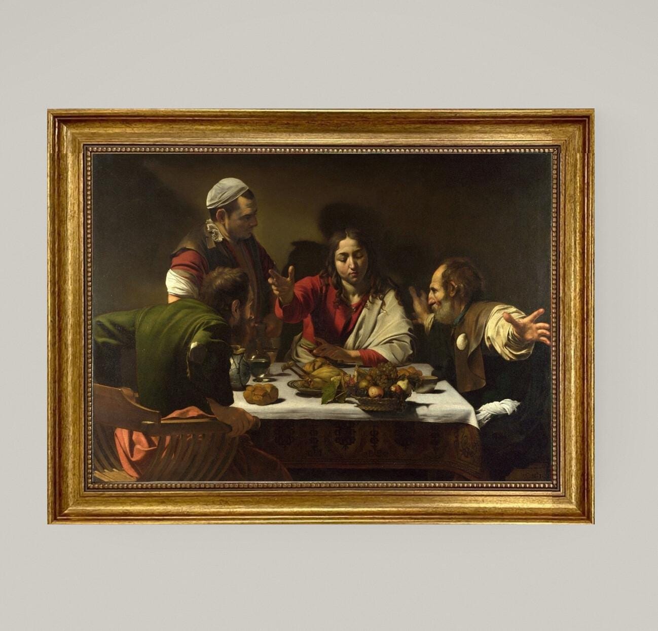 Supper at Emmaus by Caravaggio | Giclée canvas premium print with hand-applied brush strokes for an authentic look | Golden vintage frame FOSHE ART