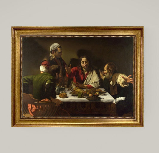 Supper at Emmaus by Caravaggio | Giclée canvas premium print with hand-applied brush strokes for an authentic look | Golden vintage frame FOSHE ART