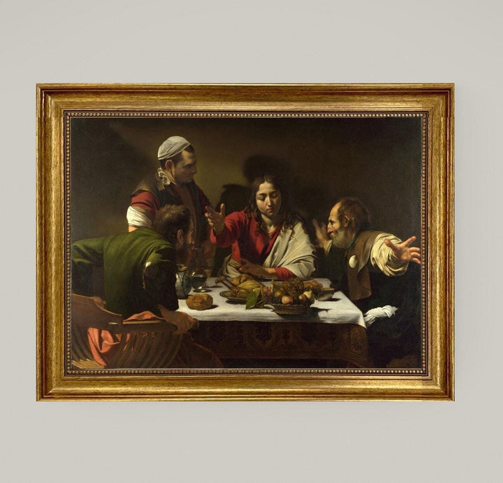 Supper at Emmaus by Caravaggio | Giclée canvas premium print with hand-applied brush strokes for an authentic look | Golden vintage frame FOSHE ART