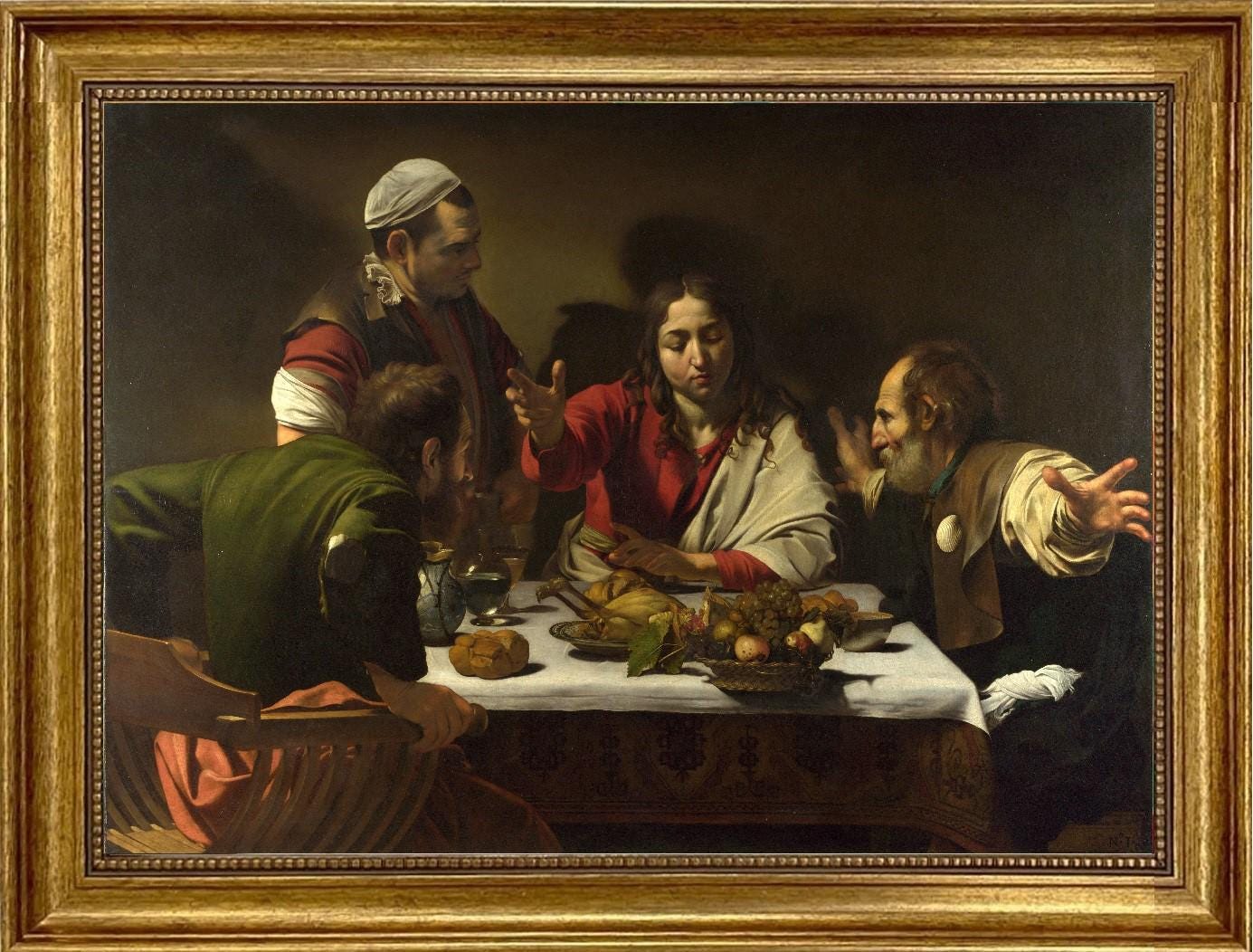 Supper at Emmaus by Caravaggio | Giclée canvas premium print with hand-applied brush strokes for an authentic look | Golden vintage frame FOSHE ART