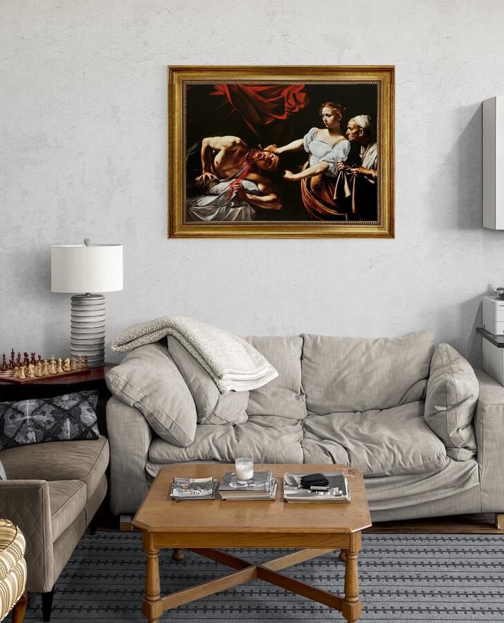 Caravaggio's iconic art: Judith Beheading Holofernes  | 3D Hand-Finished Premium Print on Canvas Brush Strokes | Golden vintagous frame FOSHE ART