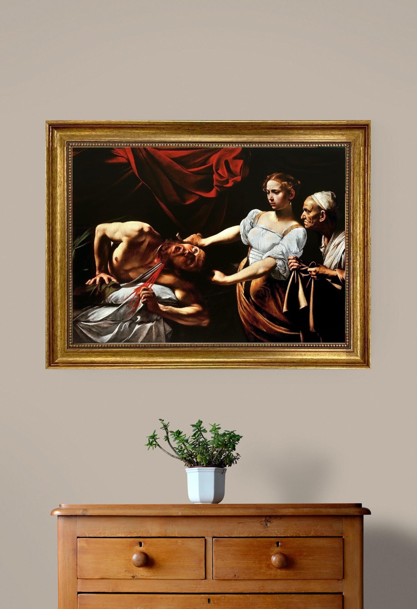 Caravaggio's iconic art: Judith Beheading Holofernes  | 3D Hand-Finished Premium Print on Canvas Brush Strokes | Golden vintagous frame FOSHE ART