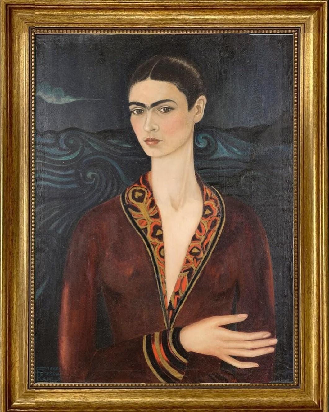 Frida Kahlo Velvet Dress Portrait | 3D Hand-Finished Canvas Print, Vintage Golden Frame FOSHE ART