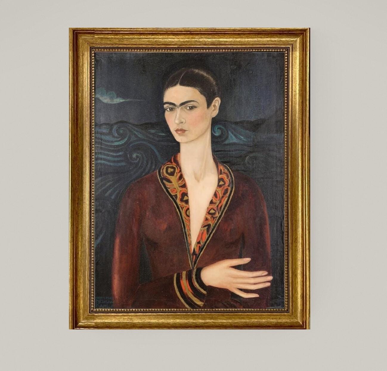 Frida Kahlo Regal Self-Portrait in a Velvet Dress | premium print with brush strokes and golden vintageous frame looks like original art FOSHE ART