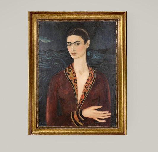 Frida Kahlo Regal Self-Portrait in a Velvet Dress | premium print with brush strokes and golden vintageous frame looks like original art FOSHE ART