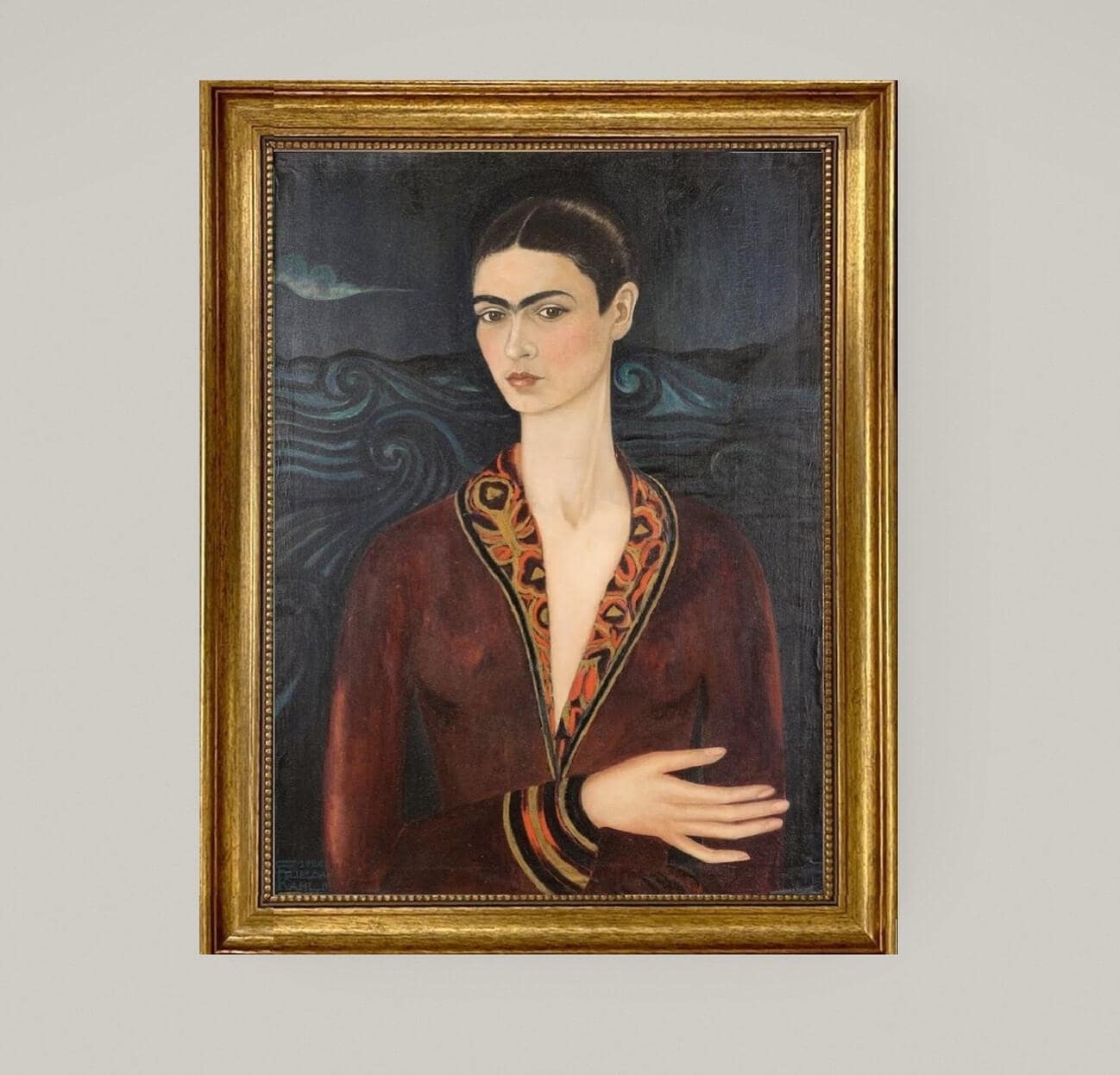 Frida Kahlo Velvet Dress Portrait | 3D Hand-Finished Canvas Print, Vintage Golden Frame FOSHE ART