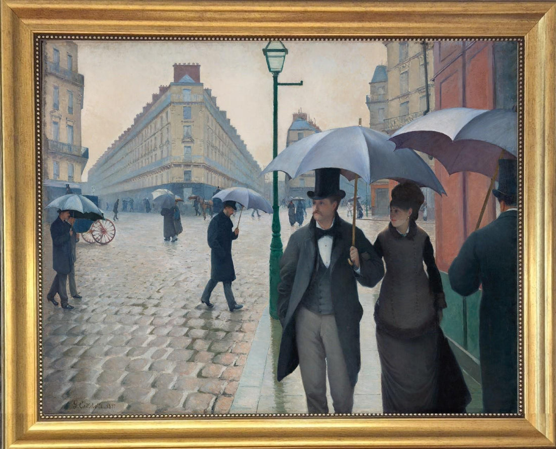Caillebotte Paris Street Rainy Day Canvas Print with Brush Strokes and Vintage Golden Frame FOSHE ART