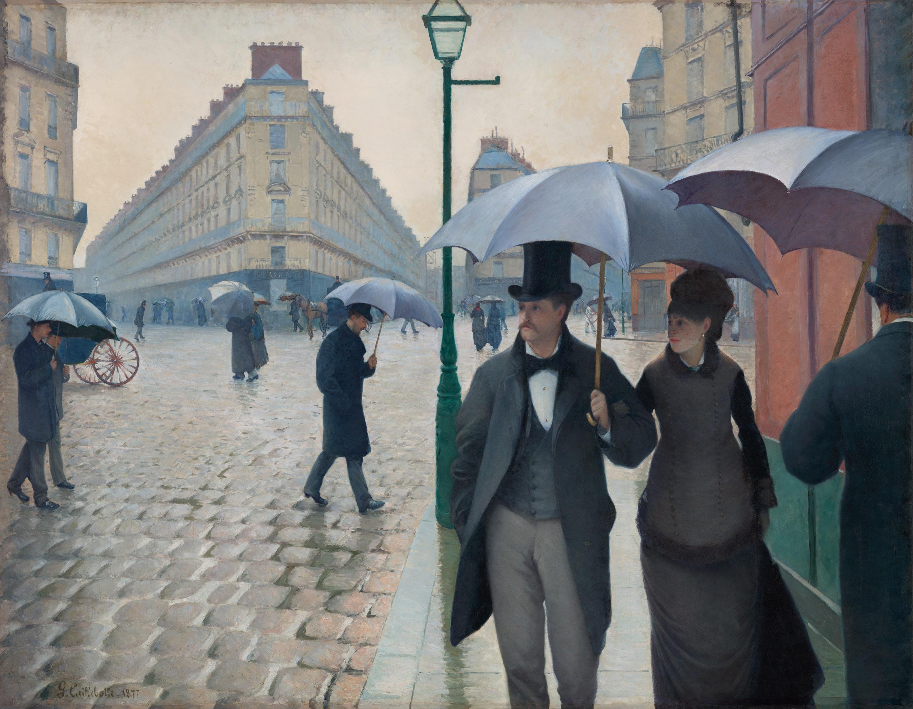 Caillebotte Paris Street Rainy Day Canvas Print with Brush Strokes and Vintage Golden Frame FOSHE ART