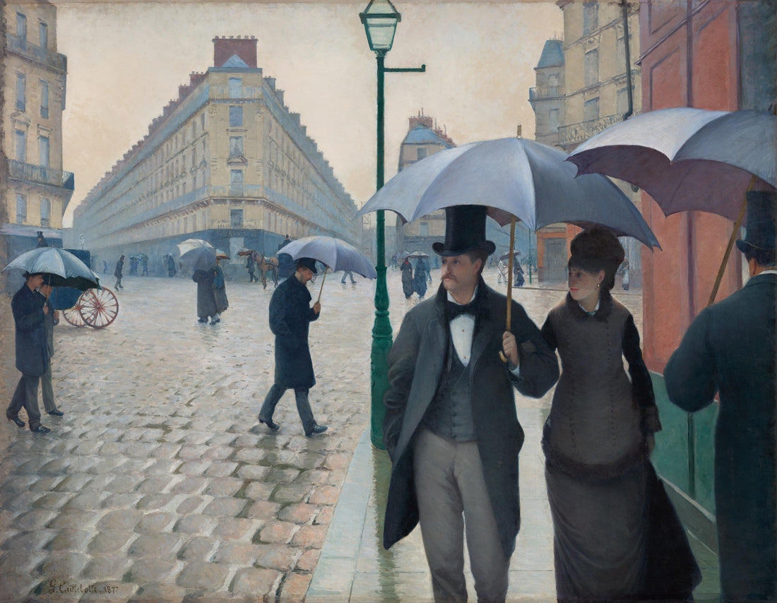 Caillebotte Paris Street Rainy Day Canvas Print with Brush Strokes and Vintage Golden Frame FOSHE ART