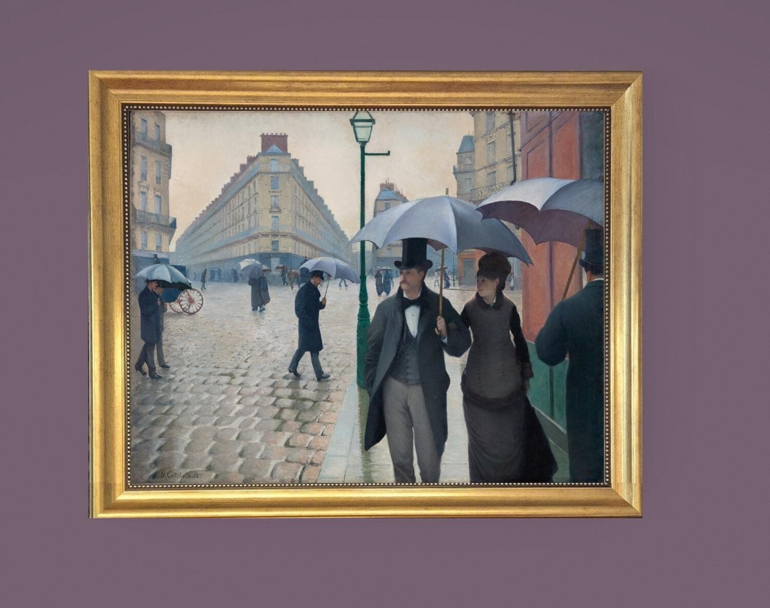 Caillebotte Paris Street Rainy Day Canvas Print with Brush Strokes and Vintage Golden Frame FOSHE ART