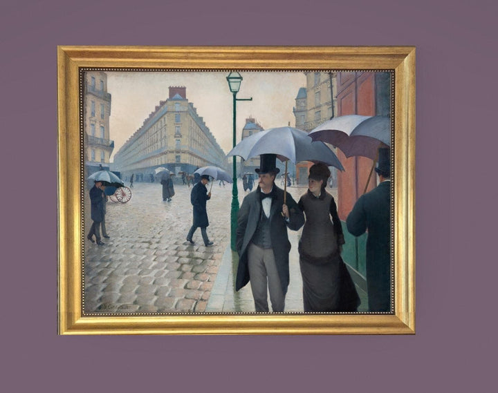 Caillebotte Paris Street Rainy Day Canvas Print with Brush Strokes and Vintage Golden Frame FOSHE ART