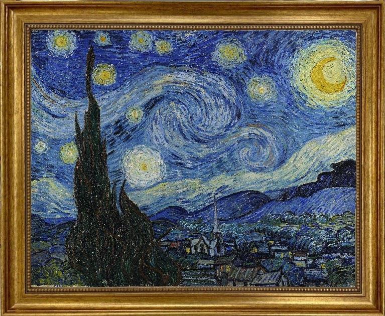 Vincent van Gogh The Starry Night | Framed Gliclée canvas  with hand-applied brush strokes and golden vintageous frame | looks like original FOSHE ART