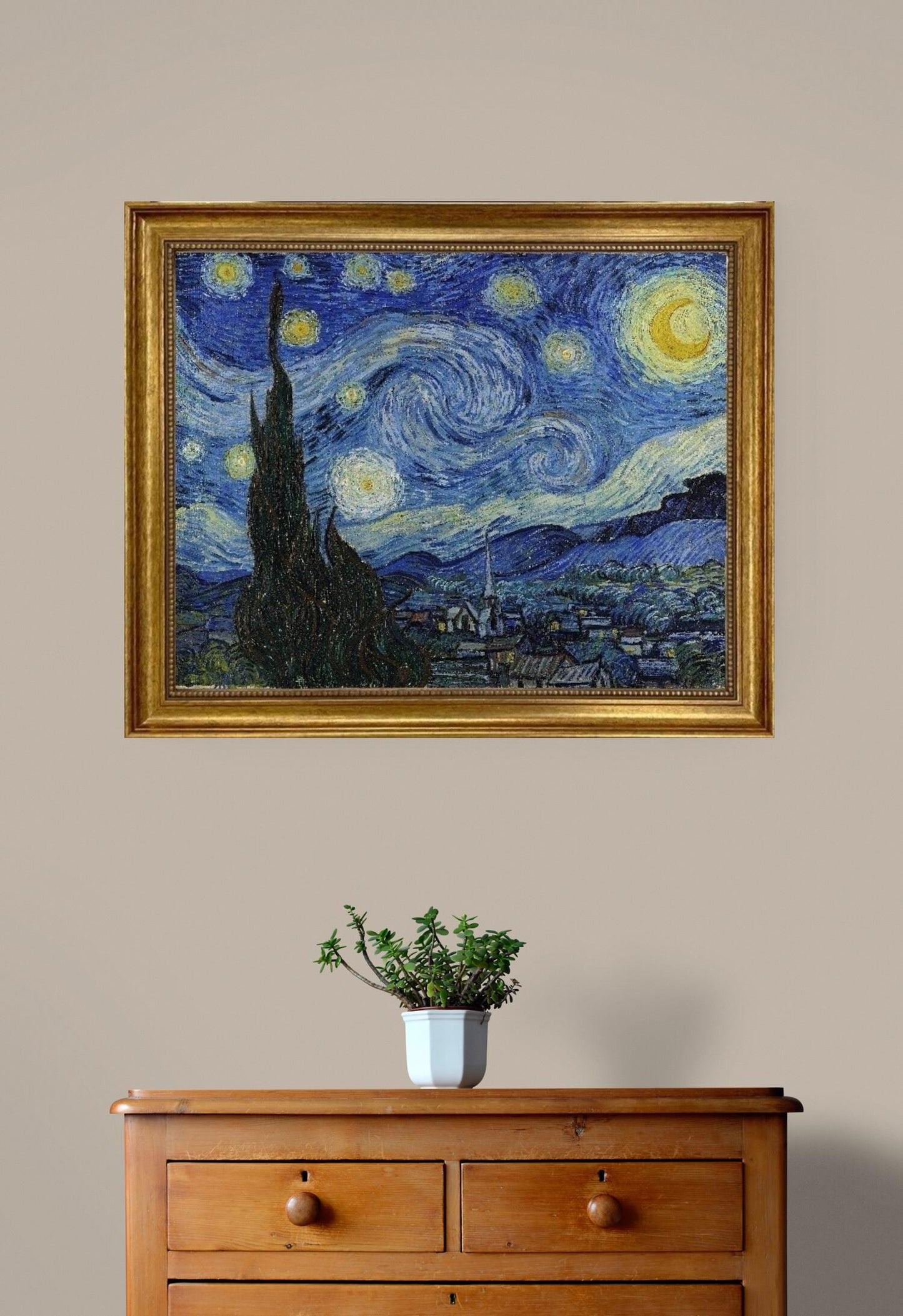 Vincent van Gogh The Starry Night | Framed Gliclée canvas  with hand-applied brush strokes and golden vintageous frame | looks like original FOSHE ART