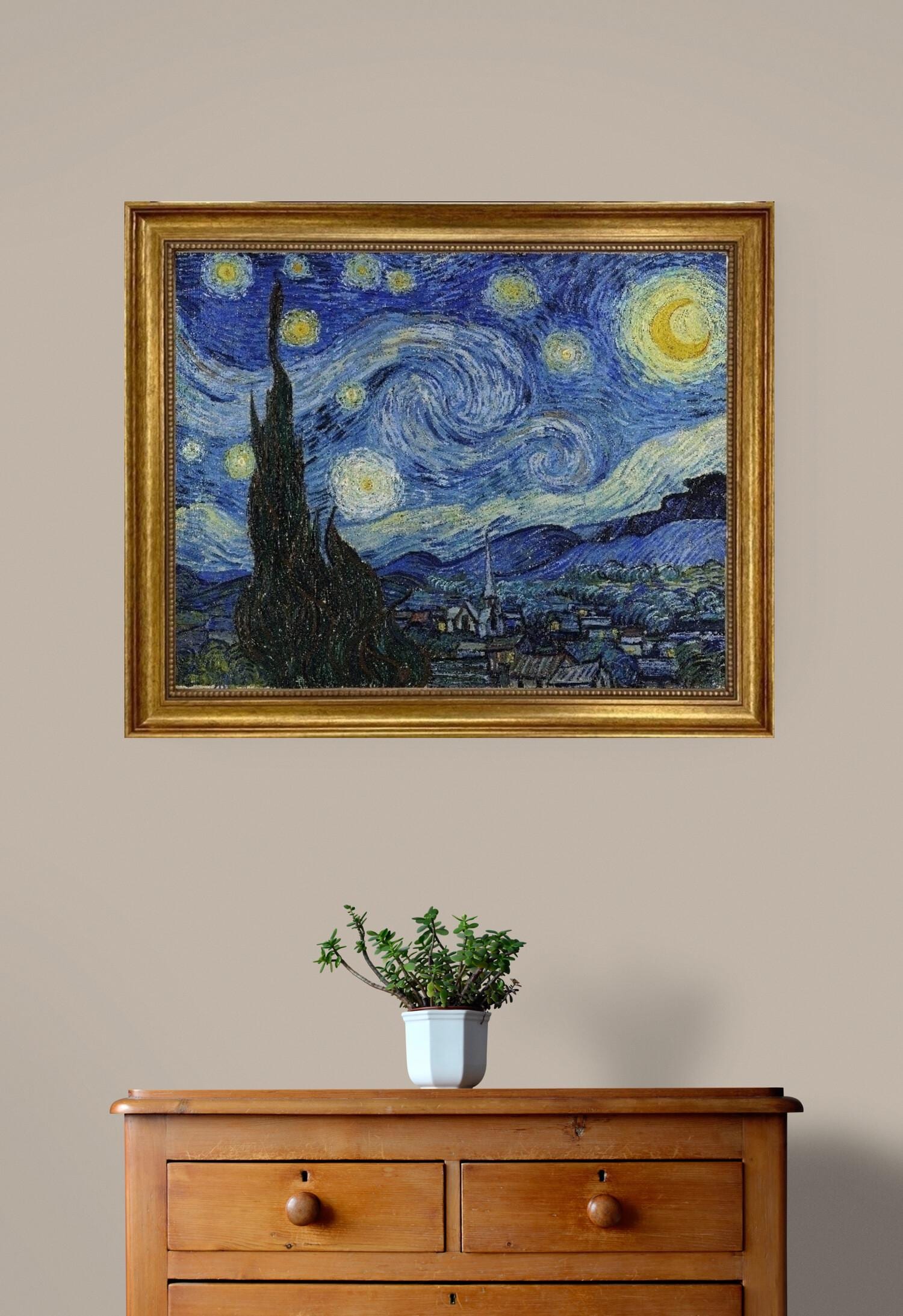 Vincent van Gogh The Starry Night | Framed Gliclée canvas  with hand-applied brush strokes and golden vintageous frame | looks like original FOSHE ART