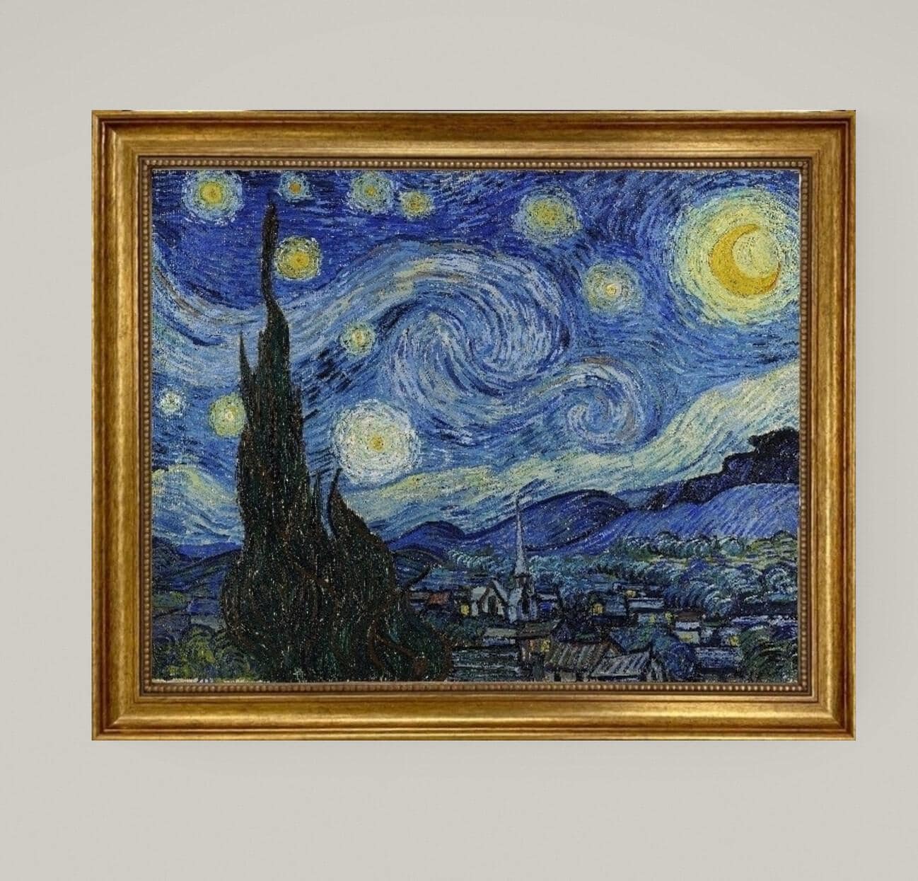 Vincent van Gogh The Starry Night | Framed Gliclée canvas  with hand-applied brush strokes and golden vintageous frame | looks like original FOSHE ART