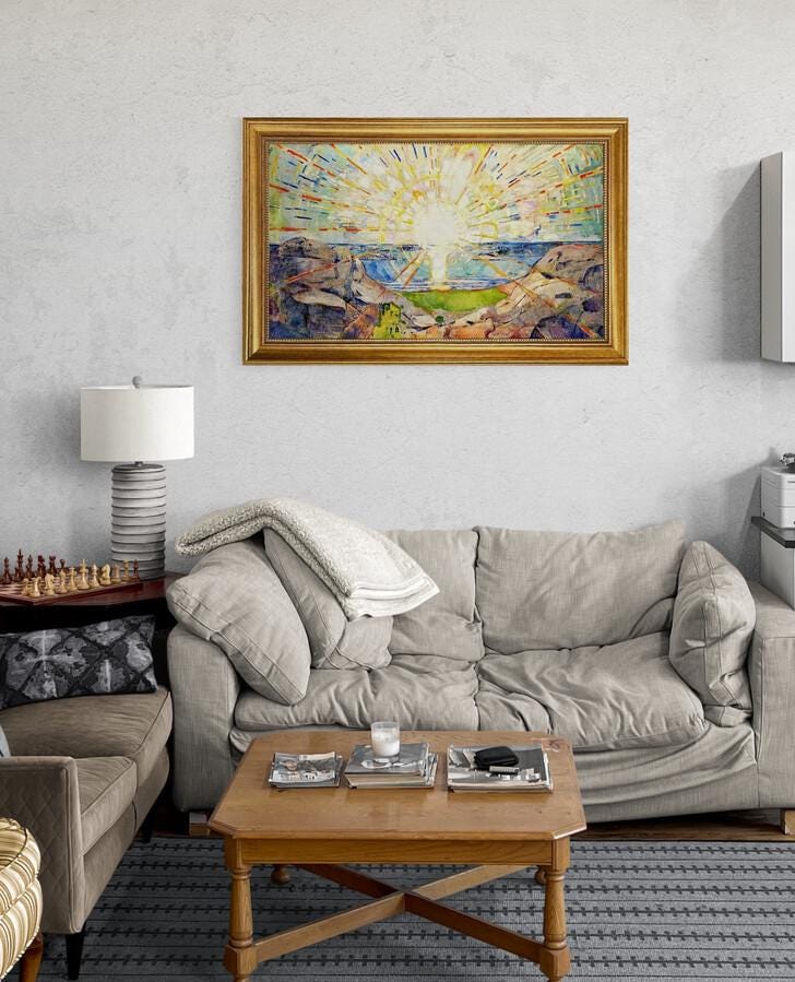 The Sun by Edvard Munch | Framed Gliclée canvas  with hand-applied brush strokes and golden vintageous frame | looks like original art FOSHE ART