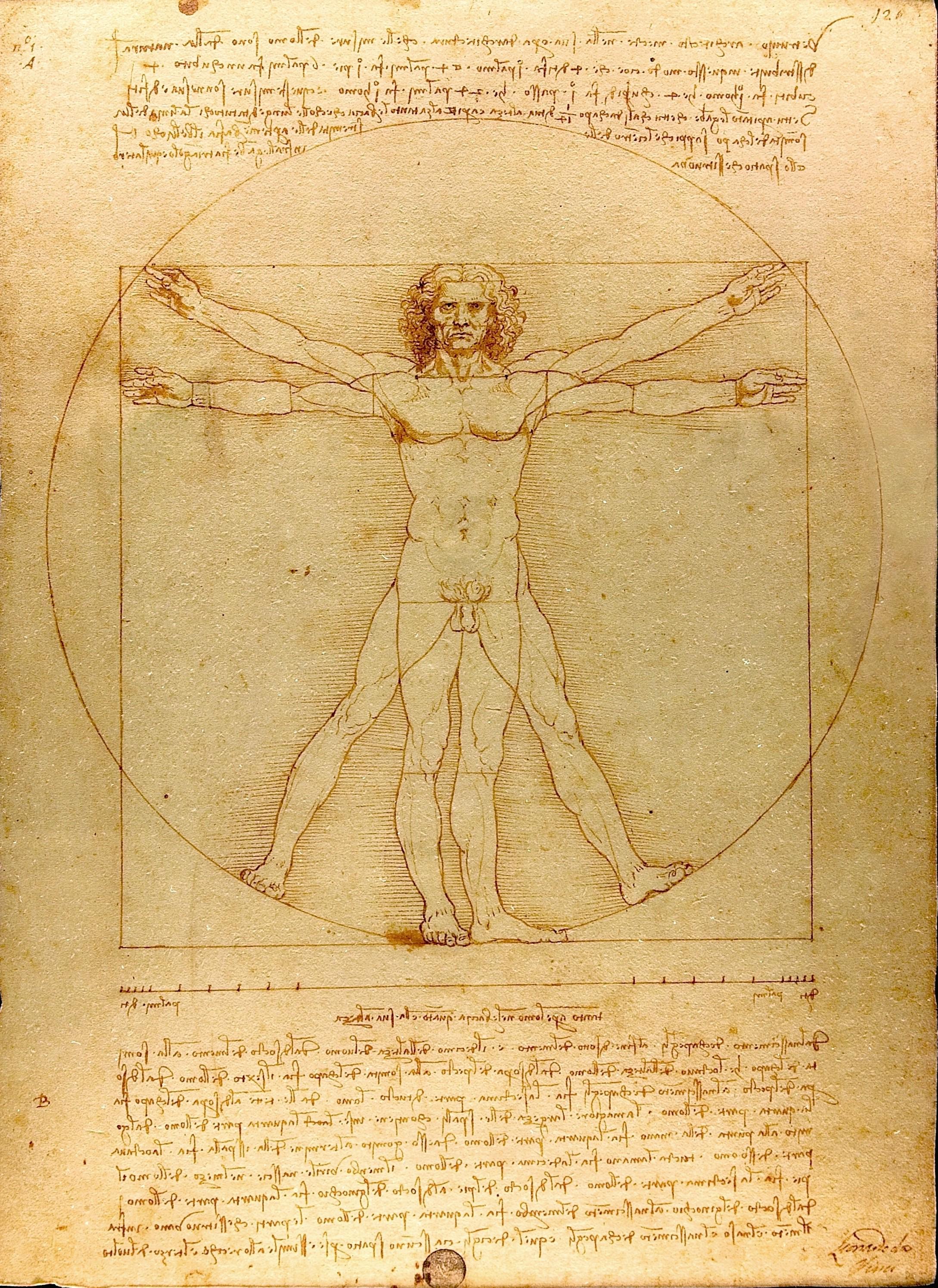 Vitruvian Man Framed Canvas Giclée Print: Da Vinci Masterpiece with Hand-Applied Brush Strokes FOSHE ART