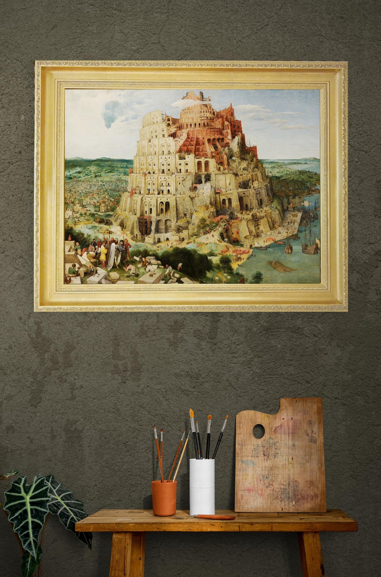 The Tower of Babel by Pieter Bruegel | Giclée Canvas Premium Print with Brush Strokes | Wooden Golden Vintage Frame for Classic Masterpiece FOSHE ART