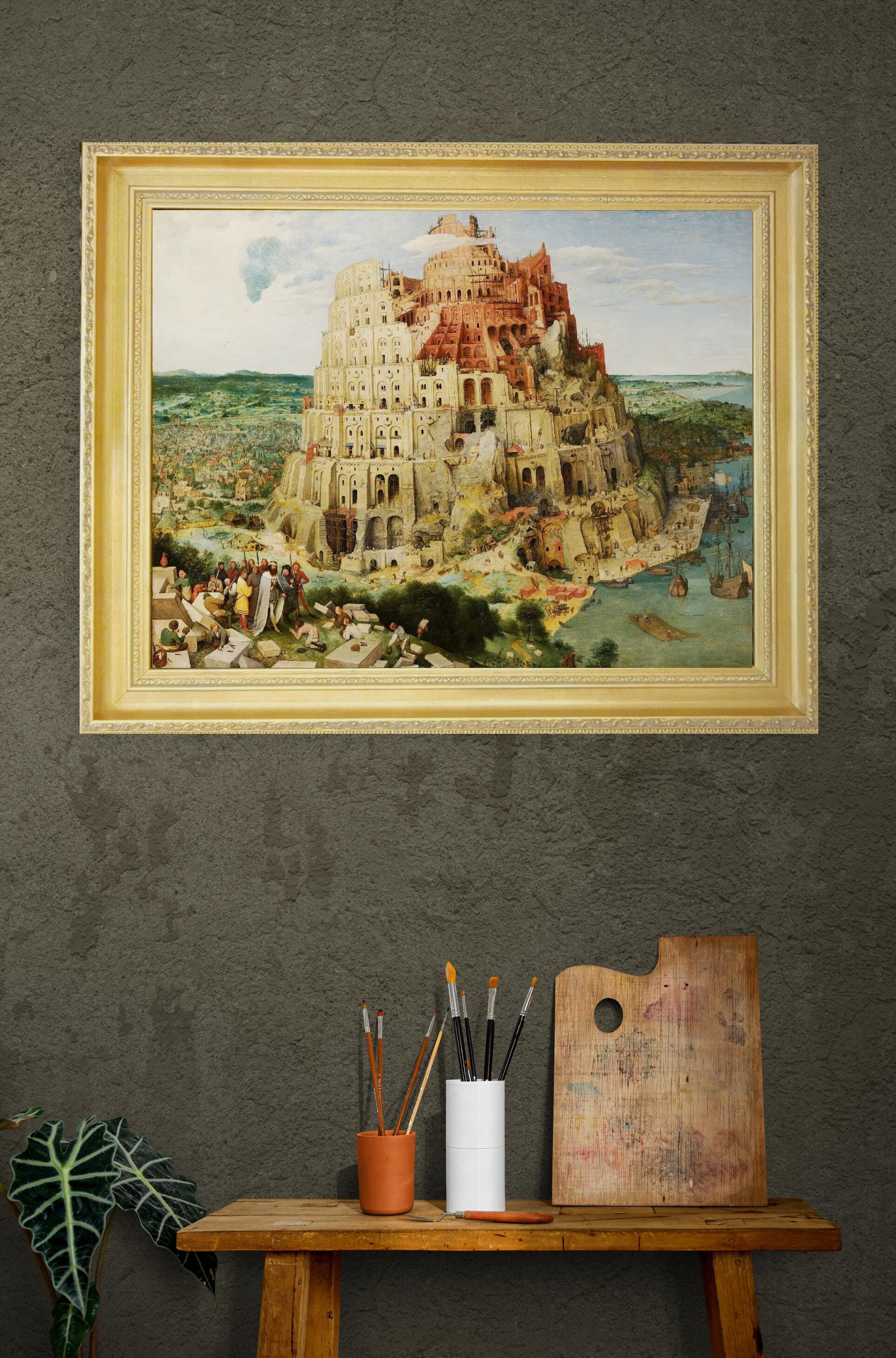The Tower of Babel by Pieter Bruegel | Giclée Canvas Premium Print with Brush Strokes | Wooden Golden Vintage Frame for Classic Masterpiece FOSHE ART