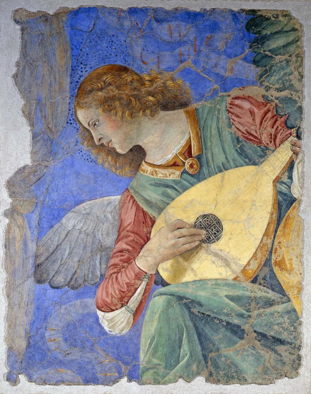 Musical Angel by Melozzo da Forlì, Giclee Premium Art Print on Canvas with brush strokes and vintageous golden frame looks like original art FOSHE ART
