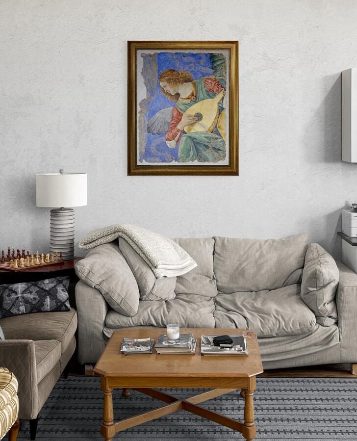 Musical Angel by Melozzo da Forlì, Giclee Premium Art Print on Canvas with brush strokes and vintageous golden frame looks like original art FOSHE ART