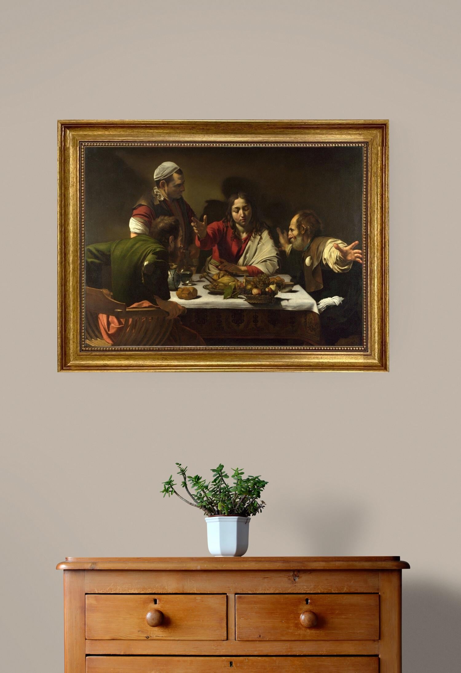 Supper at Emmaus by Caravaggio | Giclée canvas premium print with hand-applied brush strokes for an authentic look | Golden vintage frame FOSHE ART